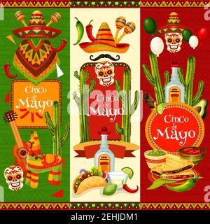 Cinco de Mayo banner di saluto set di festa messicana fiesta party design. Sombrero, maracas e cranio festa primaverile, peperoncino, jalapeno e tequ Illustrazione Vettoriale