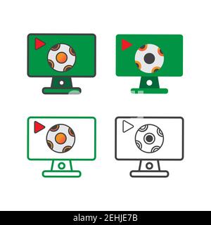 computer con disegno di illustrazione della palla da calcio. computer con icona della palla da calcio isolata su sfondo bianco. vettore pronto all'uso. Foto Stock