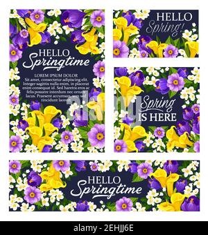 Biglietti d'auguri e banner primaverili con citazioni stagionali. Disegno vettoriale con la primavera è qui e Ciao citazioni primavera e fiori in fiore di Illustrazione Vettoriale