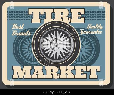 Striscione ruota di scorta con carreggiata pneumatici. Servizio di montaggio e riparazione pneumatici, poster vintage Illustrazione Vettoriale