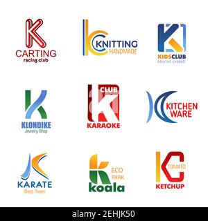 Lettera K per il brand Identity design nel club sportivo cart o car racing, salone di maglieria artigianale e canale TV per bambini. Simbolo del vettore K per gioielleria, Illustrazione Vettoriale