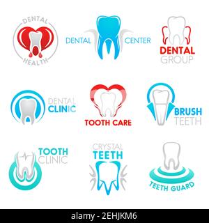 Set di icone per clinica odontoiatrica e centro di salute dei denti. Denti bianchi nella cornice del cuore con battito cardiaco simbolo isolato per odontoiatria, assistenza sanitaria e ammaccatura Illustrazione Vettoriale