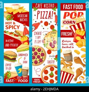 Striscioni di fast food per il bistrot cafe o il menu del ristorante fast food. Pasti vettoriali combinati di pop corn, sandwich hot dog o hamburger e cheeseburger, pizza o. Illustrazione Vettoriale