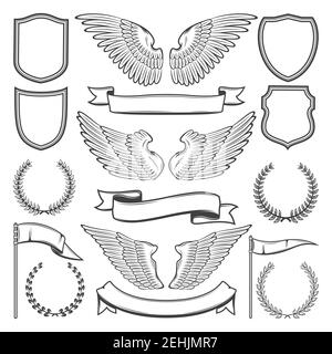 Icone araldiche costruttore di ali di uccelli, scudi o nastri e alloro. Disegno vettoriale isolato insieme di simboli eraldici per regio premium e lusso d Illustrazione Vettoriale