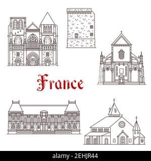 Monumenti storici della Francia e famosi edifici storici di architettura. Vector sottile linee facciate di Saint Aubin o Pierre cattedrale, Duchesne torre a Rennes, St Illustrazione Vettoriale