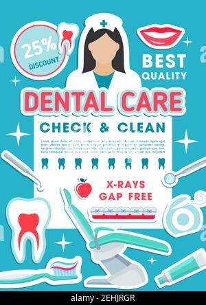 Offerta speciale promozione sconto clinica dentale per cura dei denti, igiene orale e carie. Banner medicina odontoiatrica con strumento odontoiatrico, t Illustrazione Vettoriale