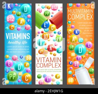 Vitamine e multivitaminici complessi banner per uno stile di vita sano. Vector 3D pillole, capsule e bottiglie di plastica di integratori alimentari, vitamine e mi Illustrazione Vettoriale