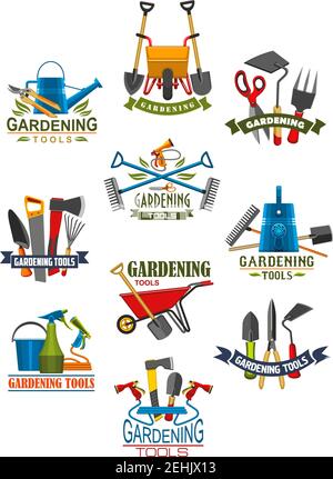Attrezzo di giardinaggio e attrezzature per lavori in giardino icona isolata. Pala, rastrello e forchetta, tubo di irrigazione e lattina, ascia, sega e carriola, forbici, taglierina A. Illustrazione Vettoriale