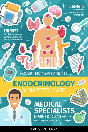 Poster della clinica per il diabete per la progettazione della medicina endocrinologica. Medico endocrinologo, organi del sistema endocrino e striscione di trattamento medico con cuore, Illustrazione Vettoriale