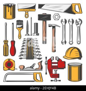 Set di strumenti di costruzione, icone vettoriali. Carpenteria e costruzione, cassetta degli attrezzi professionale con attrezzi. Martelli e cacciaviti vettoriali, righelli e chiavi, h Illustrazione Vettoriale