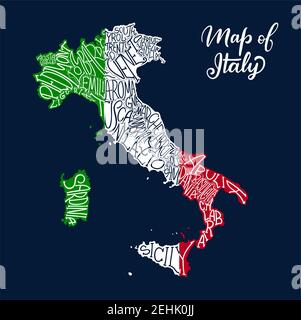 Italia mappa dei nomi delle regioni e delle province in caratteri di schizzo. Vettore bandiera italiana della penisola siciliana, Sardegna o Venezia Piemonte, Lombardia o Illustrazione Vettoriale