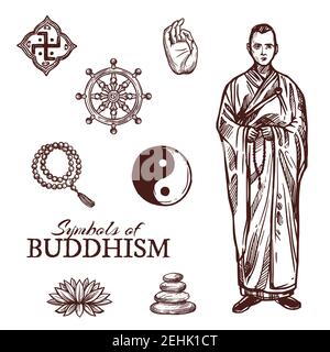 Religione buddismo disegni simboli. Icone vettoriali della mano di Buddha e monaco buddista con perle, ruota Dharma o Yin Yang e fiore di loto, Zen s. Illustrazione Vettoriale