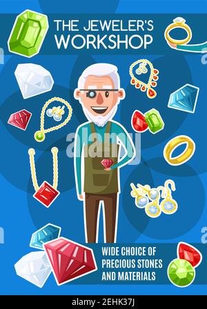 Officina gioielleria, vettore. Uomo orafo con lente d'ingrandimento e gioielli. Pietre gemme e anello d'oro con gioielli e diamanti. Orecchini dorati Illustrazione Vettoriale