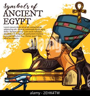 Antico Egitto cultura, storia e religione simbolo. dio egiziano della morte Anubis, occhio di Horus e la regina Nefertiti, simbolo di vita ankh e gatto nero Illustrazione Vettoriale
