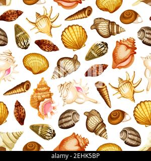 Conchiglia di mare e mollusco sfondo senza cuciture. Ocean spiaggia lumaca, capesante e chitone, vongole, torretta e conchiglia, corona re e conca da combattimento Illustrazione Vettoriale