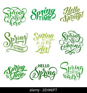 Vacanze primaverili, citazioni stagionali e icone dei desideri. Il set isolato vettore di Hello Spring e Spring è nel testo delle citazioni Air per la primavera Illustrazione Vettoriale