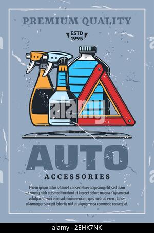 Accessori per auto e prodotti chimici per la pulizia significa poster retrò. Irroratrici automatiche senza acqua e bottiglia di antigelo, tanica e dare il segnale di passaggio o di arresto e jan Illustrazione Vettoriale