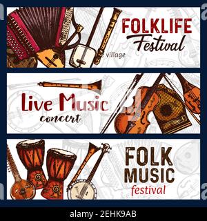 Folk music festival bozzetti di strumenti musicali tradizionali. Disegno vettoriale di zither, chitarra banjo americana o flauto e torta di lamine con il Giappone Illustrazione Vettoriale