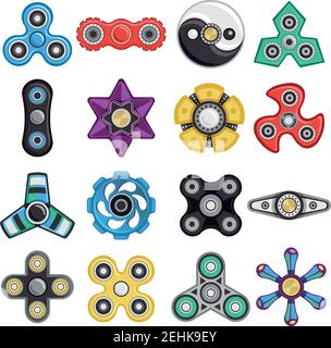 Colorful mani fidget spinners di diversi giocattoli forma per lo stress set di scarico isolato su sfondo bianco immagine vettoriale piatta Illustrazione Vettoriale