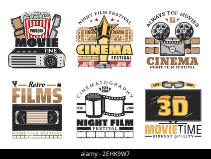 Film, cinema retrò, bar bistrot icone vettoriali. Design vintage di secchio popcorn, occhiali e film 3D, telecamera e video player o proiettore, film notturno Illustrazione Vettoriale