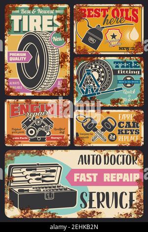 Servizio auto e carte auto con effetto ruggine vintage. Vector retro arrugginito poster design per la manutenzione dell'olio motore per auto, montaggio pneumatici o pompaggio e. Illustrazione Vettoriale
