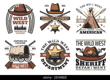 Wild West icone e segni cowboy cappelli e sceriffo id segno, pistole e pistole, wigwam, ferro di cavallo, carrozza e stella oro. Western retro simboli polizia a Illustrazione Vettoriale