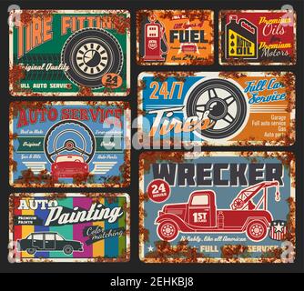 Schede retrò di servizio auto e montaggio pneumatici. Verniciatura dell'automobile, riparazione di pneumatici e ruote, cambio di tutti i tipi di carburante e di olio. Ordine relitto veicolo, completo Illustrazione Vettoriale