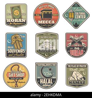 Islam religione vintage icone per santi simboli musulmani. Quran e mecca, souvenir halal e moschea, quran e namaz, negozio di articoli da regalo o badge retrò negozio. IO Illustrazione Vettoriale