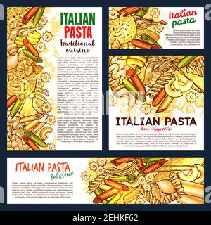 Disegno di pasta italiana, cucina italiana o menu di pasta ristorante. Poster vettoriali e striscioni di spaghetti tradizionali, fettuccine o tagliatelle An Illustrazione Vettoriale