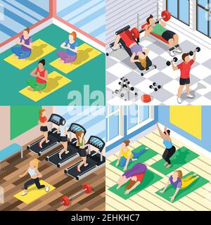 Concetto di design isometrico 2x2 con persone con peso cardio e. yoga allenamenti in palestra 3d isolato vettore illustrazione Illustrazione Vettoriale
