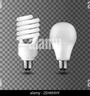 Lampadine vettoriali realistiche a risparmio energetico su sfondo trasparente. Lampadina fluorescente compatta e LED a diodo ad emissione luminosa. Risparmio energetico ed e Illustrazione Vettoriale