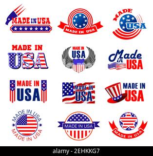 Icone Made in USA, prodotti di qualità superiore e produzione di prodotti. Etichette vettoriali ed etichette a nastro di garanzia originale americana con l'aquila di bandiera americana Illustrazione Vettoriale