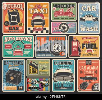 Servizio auto retro grunge carte per il trasporto e auto riparazione garage temi progettazione. Cartello vintage per lavaggio auto, montaggio pneumatici e olio motore Illustrazione Vettoriale