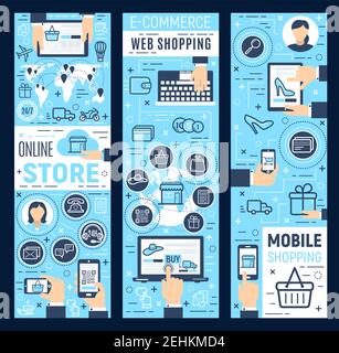 Banner promozionali e-commerce e linea di acquisto mobile. Infografiche del negozio online con icone e cartelli. Un modo moderno per fare acquisti e acquistare Illustrazione Vettoriale