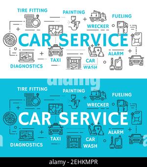 Icone di manutenzione del veicolo per la meccanica e la stazione di riparazione o poster di diagnostica. Vector strumenti a linea sottile e ricambi auto per verniciatura auto e. Illustrazione Vettoriale