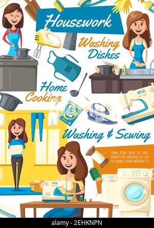 Lavaggi e cucito di casa o pulizia e lavastoviglie o poster di cottura. Donna casalinga vettoriale con piatti sporchi o macchina da cucire, appeso pulito Illustrazione Vettoriale