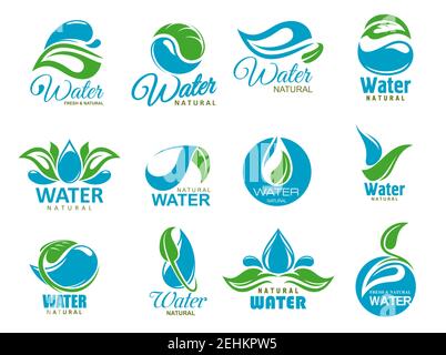 Simboli dell'acqua naturale con gocce d'acqua pulite e foglie di biverde. Risorsa natura ecologica icone vettoriali isolate di gocce d'acqua blu, onde e schizzi Illustrazione Vettoriale