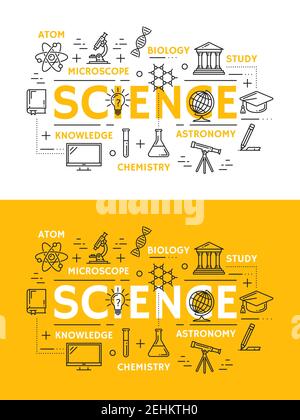 Articoli scientifici e scientifici, progettazione di attrezzature vettoriali. Atomo e microscopio, biologia e studio, astronomia e chimica, conoscenza, libro e monitoraggio, f Illustrazione Vettoriale