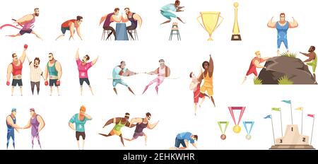 Icone della concorrenza collezione di cartoni animati retrò con un campo piano isolato evento personaggi sportivi medaglie stand e coppe illustrazione vettoriale Illustrazione Vettoriale