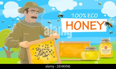 Apicoltore al miele in outfit protettivo che tiene il nido d'ape nelle mani. Vasi di miele naturale e vettore di api volanti. Beemaster o apicoltore a prendere apiary Illustrazione Vettoriale