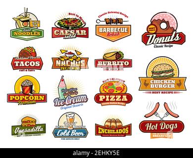 Icone di fast food di spuntini e panini. Menu caffè, ristorante o bistrot. Vector Chinese noodle box, Caesar insalata o kebab barbecue e donu Illustrazione Vettoriale