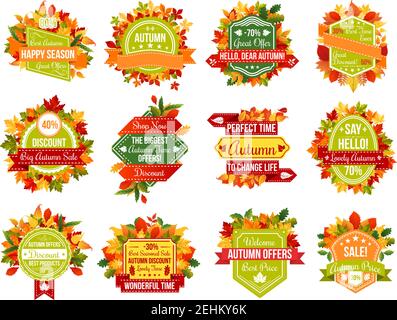 Vendita autunno icone e nastri tag per prezzo stagionale sconto promo su foglie autunnali di acero foglia, quercia acorno caduta, castagno o betulla e pioppo caduta Illustrazione Vettoriale