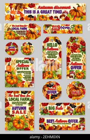Poster autunnali Big sale, banner di sconto e tag promozionali per lo shopping stagionale o il design del negozio. Insieme vettoriale di zucca o bacca di rowan, mappa autunnale Illustrazione Vettoriale