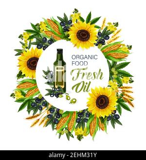 Oli e ingredienti da cucina, cibo biologico. Vector extravergine di oliva, semi di girasole e lino o mais, canapa e colza in bottiglie di vetro icona rotonda, Illustrazione Vettoriale