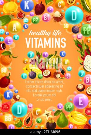 Vita sana con le vitamine A, C, D e i minerali B, K, P poster. Frutta e verdura, frutta esotica e simboli in bolle di colore, foglietto vettoriale Illustrazione Vettoriale