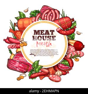 Menu di schizzi di casa di carne, prodotti agricoli premium. Carne vettoriale e salsicce cervelat, pepperoni, filetto di maiale o bistecca di manzo e petto o prosciutto pancetta con go Illustrazione Vettoriale