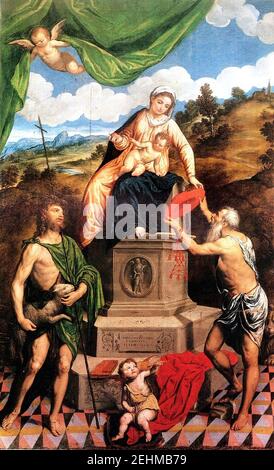 Paris Bordone - Madonna in trono con bambino, San Giovanni Battista e San Girolamo Foto Stock