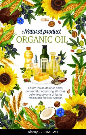 Poster degli oli da cucina per il prodotto di mercato agricolo. Vettore di olive extravergine, semi di girasole o di cocco e di lino o di olio di mais, di frumento e di canapa in plastica Illustrazione Vettoriale