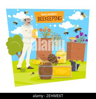 Fattoria di apicoltura, apicoltore vicino nido d'ape su apiary. Apiarist baffuto in uniforme protettiva e cappello che tiene il miele in vaso e ape intorno ai fiori e. Illustrazione Vettoriale