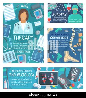 Clinica medica con medico, chirurgia, reumatologia, ortopedia e medicina terapeutica. Stetoscopio medico, termometro e radiografia ossea. Diagnosi di malattia Illustrazione Vettoriale